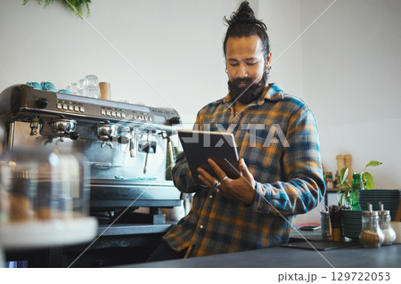 Tablet, barista man and cafe employee working on digital retail media design for business. Coffee shop waiter, ecommerce and person planning a restaurant web page for online shopping and networking 129722053