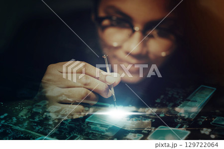 Computer motherboard, screwdriver and technician hand with overlay for repair, maintenance or IT solution. Information technology engineer, woman and night for pc programmer with circuit, cpu and job 129722064