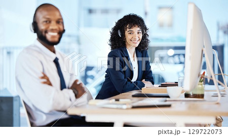 Customer support portrait, computer consulting or team telemarketing on contact us CRM or telecom. Happy call center, online ecommerce or information technology consultant on microphone communication 129722073