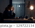 Stress, laptop and business woman at night working on project, planning report and strategy deadline. Burnout, dark office and tired female worker at desk with headache, fatigue and thinking of ideas 129722134
