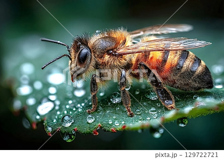 Honey bee standing on green leaf covered with dew drops Honey bee standing on green leaf covered with dew drops 129722721