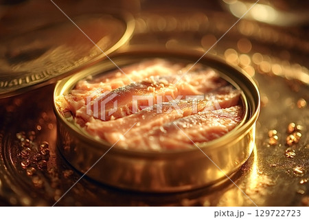 Smoked fish fillets in a golden tin can reflecting luxury and fine dining 129722723