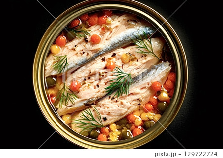 Open tin can of sprats in oil with vegetables and spices on black background 129722724