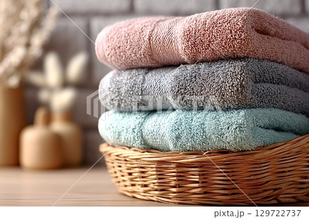 Soft and cozy towels in a wicker basket 129722737