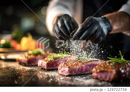 Chef sprinkling salt on grilled steaks with rosemary in restaurant kitchen 129722739