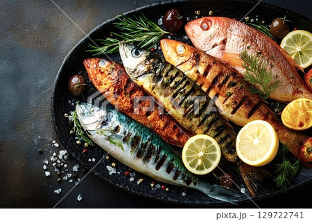 Grilled fish platter with lemon and herbs on dark background 129722741