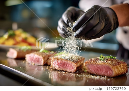 Chef sprinkling seasoning on grilled steaks in restaurant kitchen 129722760