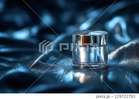 Luxurious cosmetic cream jar resting on elegant silk fabric 129722761