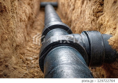 Laying new underground water pipes in a trench Laying new underground water pipes in a trench 129722764
