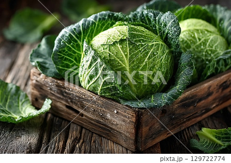 Fresh savoy cabbage with water drops in wooden crate on rustic table 129722774