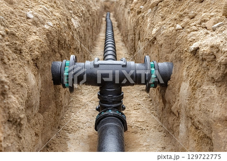 Laying water pipes in a trench with sand walls 129722775