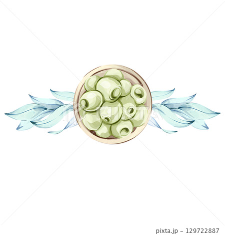 Green olives and olive oil illustrated in watercolor capturing the essence of Italian cuisine and nature's beauty frame, border, arrangement Green olives and olive oil illustrated in watercolor capturing the essence of Italian cuisine and nature's beauty frame, border, arrangement 129722887