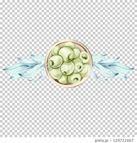Green olives and olive oil illustrated in watercolor capturing the essence of Italian cuisine and nature's beauty frame, border, arrangement 129722887