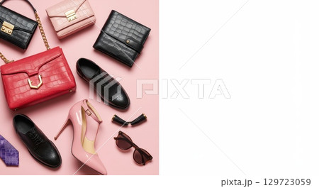 ファッションのシューズ・バッグやアクセサリーとカラフルな背景画像 129723059