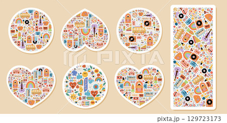 Groovy retro heart and circle sticker set with y2k pattern. Pink rainbow background with music and party theme, graphic shapes add contemporary fun style for trendy collection. Groovy retro heart and circle sticker set with y2k pattern. Pink rainbow background with music and party theme, graphic shapes add contemporary fun style for trendy collection. 129723173
