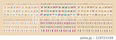 Groovy seamless border butterfly set in retro floral style. Pattern with colorful spring butterfly and moth forms. Collection of seamless border frames for modern creative projects. Groovy seamless border butterfly set in retro floral style. Pattern with colorful spring butterfly and moth forms. Collection of seamless border frames for modern creative projects. 129723189