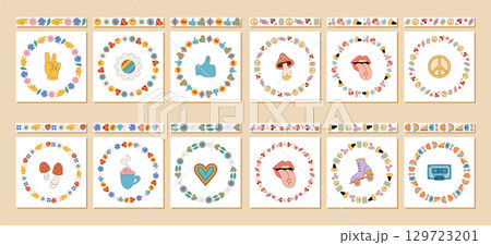 Groovy retro seamless border set frame with colorful cartoon flower and heart motifs. Peace, smile, mushroom, and y2k style create a fun graphic border. Seamless pop collection for playful sticker Groovy retro seamless border set frame with colorful cartoon flower and heart motifs. Peace, smile, mushroom, and y2k style create a fun graphic border. Seamless pop collection for playful sticker 129723201