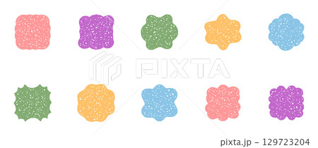 Groovy colorful crayon border set of abstract wavy frame shapes and bubble background in retro sketch chalk shading style. Y2k and playful look for modern composition. Groovy colorful crayon border set of abstract wavy frame shapes and bubble background in retro sketch chalk shading style. Y2k and playful look for modern composition. 129723204