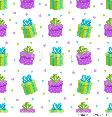 Seamless cartoon pattern of gift boxes with ribbons. Present designs feature bows, perfect for birthday celebrations. Vibrant surprise elements add festive cheer, ideal for party invites. 129723217