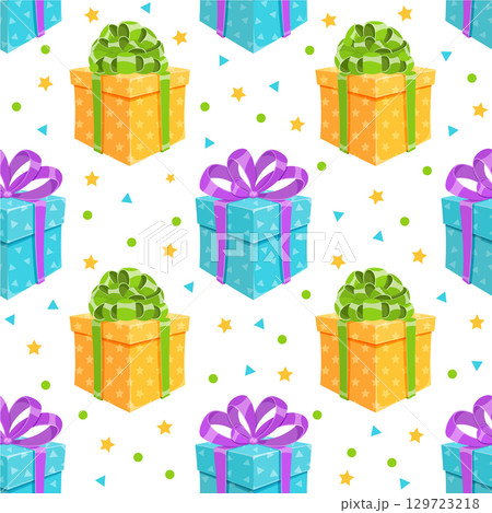 Cartoon seamless pattern of gift box with ribbon and bow. Present in flat style, perfect for birthday or holiday surprise themes, colorful and festive. Cartoon seamless pattern of gift box with ribbon and bow. Present in flat style, perfect for birthday or holiday surprise themes, colorful and festive. 129723218