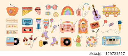 Groovy retro music party sticker set in cartoon graphic style. Cassette, record, disco and festival elements combine with y2k and groovy element for creative sticker collection. 129723227