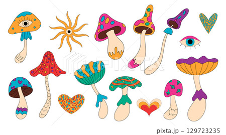 Groovy retro mushroom set in psychedelic cartoon graphic style. Magic fantasy shroom group with colorful heart and eye, y2k vibe, groovy element shapes for playful art, sticker collection, and Groovy retro mushroom set in psychedelic cartoon graphic style. Magic fantasy shroom group with colorful heart and eye, y2k vibe, groovy element shapes for playful art, sticker collection, and 129723235