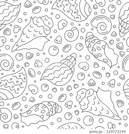 Seamless underwater pattern with seashells and conch in outline silhouette. Marine aquatic design with ocean elements and doodle texture. Perfect for sea decorations, backgrounds, summer projects, Seamless underwater pattern with seashells and conch in outline silhouette. Marine aquatic design with ocean elements and doodle texture. Perfect for sea decorations, backgrounds, summer projects, 129723244