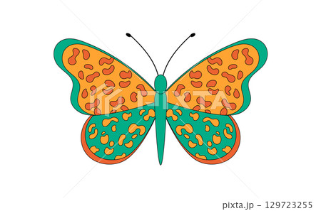 Groovy retro butterfly sticker in funky orange style. Colorful graphic with vintage and y2k tone as a groovy element from nature. Cool accent for playful sticker use. 129723255