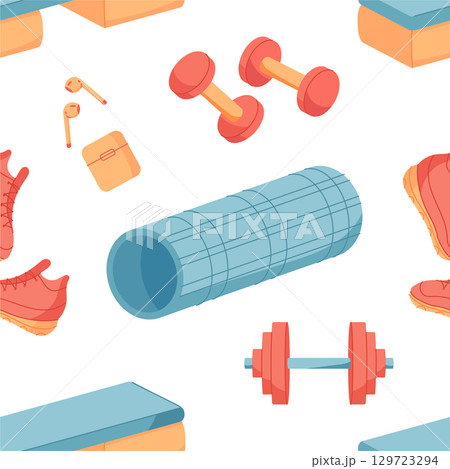 Seamless pattern with colorful fitness equipment in flat style. Includes dumbbells, sneakers, and a mat. Perfect for gym, sport, exercise, and workout related designs. 129723294