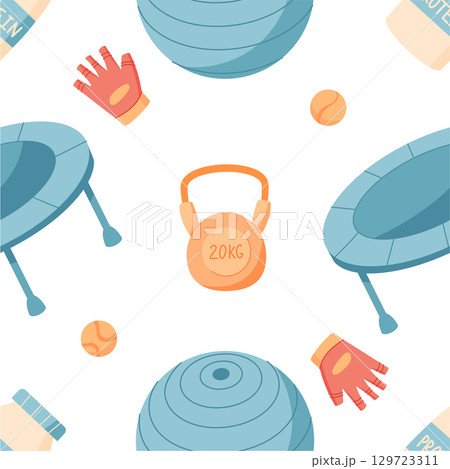 Colorful seamless pattern with gym equipment like kettlebell, trampoline, glove, and ball. Vibrant sport and workout elements showcase exercise tools. Fitness decor in dynamic repetitive style, ideal 129723311