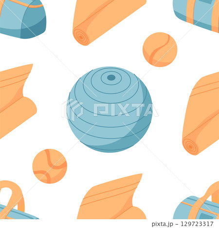 Seamless flat pattern with gym equipment and workout items. Sport accessories like yoga mats, gym bags, and balls form an activity background. Ideal for wellness themes, fitness decor, or textile Seamless flat pattern with gym equipment and workout items. Sport accessories like yoga mats, gym bags, and balls form an activity background. Ideal for wellness themes, fitness decor, or textile 129723317