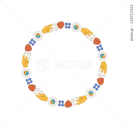 Groovy retro circle border frame with colorful flower, daisy, rainbow, heart, and hand elements pattern. Y2k style frame design adds a fun, playful look for creative modern themes and 129723322