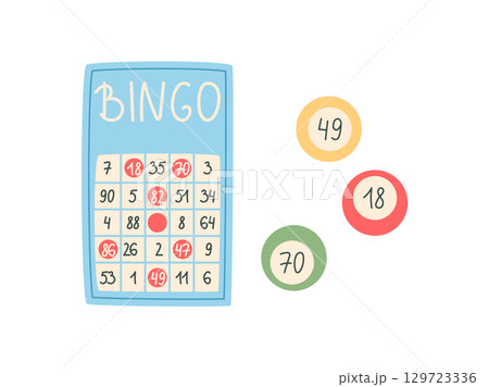 Flat bingo card with colorful counters. Cartoon style piece for family boardgame. Fun and engaging table game for players, combining activity and recreation. Bright playful concept leisure, boardgame 129723336