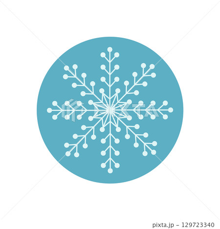 Blue round sticker with snowflake outline icon. Winter ornament as cold icy package lid decoration for christmas. Snow flake style, perfect for seasonal box, holiday seal and product branding. 129723340