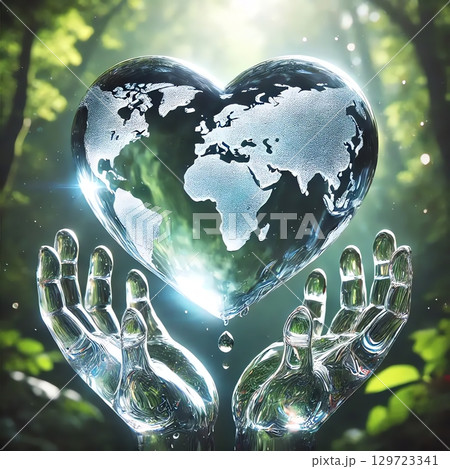 クリスタルの手と水のハートに映る世界地図 129723341