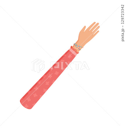 Flat cartoon graphic style raised hand gesture. Open human hand with visible fingers and arm in colorful flat design. Gesture concept symbolizing people, diversity, and connection, suitable for 129723342