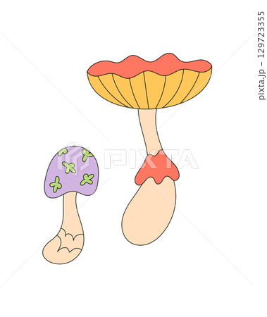 Groovy retro mushroom cartoon fantasy element in colorful y2k style. Magic shroom as a playful plant in nature, with a fun groovy element concept. Vibrant art for creative graphic or cool poster 129723355