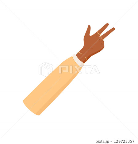 Flat depiction of a black hand showing three fingers with palm up in a counting gesture. Arm features light sleeve. Numbers and counting representation, isolated style, suitable for educational, Flat depiction of a black hand showing three fingers with palm up in a counting gesture. Arm features light sleeve. Numbers and counting representation, isolated style, suitable for educational, 129723357