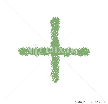 Hand drawn plus cross in green crayon sketch. This punctuation symbol and font mark forms a bold icon and unique character element, artistic for modern alphabet visuals. 129723364