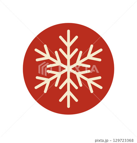 Round red label with white snow flake outline. Winter ornament for christmas holiday box or tag. Simple element in flat style as festive xmas sticker with decorative shape and seasonal theme. Round red label with white snow flake outline. Winter ornament for christmas holiday box or tag. Simple element in flat style as festive xmas sticker with decorative shape and seasonal theme. 129723368