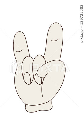 Groovy retro hand gesture in a cartoon icon style. Funky pop symbol with beige color and a touch of y2k trend. Cool hand as groovy element for stylish playful modern design projects. 129723382