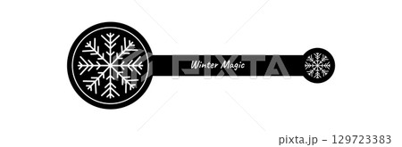 Winter snowflake sticker with black and white line, cold decoration element as seal for box or lid. Christmas label for seasonal product, simple ornament delivery. 129723383