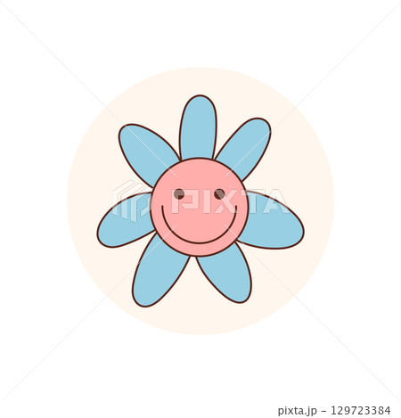 Retro groovy blue daisy sticker in cute cartoon graphic style. Flower with round circle patch and happy smile. Groovy element and y2k lid design give cheerful look for packaging or playful product 129723384