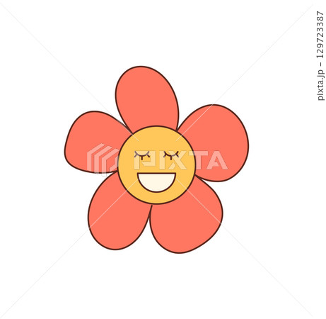 Groovy y2k flower face cartoon sticker in vibrant yellow creates a happy smile. retro groovy element with cute pop style, positive mood and playful character, ideal as a graphic for fun sticker 129723387