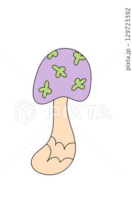 Groovy retro mushroom sticker cartoon in flat psychedelic style with magic shroom vibe. Cartoon element in graphic y2k look, funky as groovy element for colorful pop mood. Groovy retro mushroom sticker cartoon in flat psychedelic style with magic shroom vibe. Cartoon element in graphic y2k look, funky as groovy element for colorful pop mood. 129723392