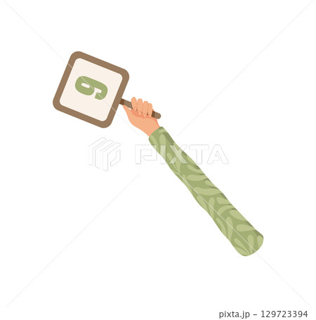 Cartoon hand holding a square nine feedback symbol. Bright arm presenting a positive review or vote for service satisfaction. Modern and clean style highlighting quality, rate, and evaluation. Iconic Cartoon hand holding a square nine feedback symbol. Bright arm presenting a positive review or vote for service satisfaction. Modern and clean style highlighting quality, rate, and evaluation. Iconic 129723394