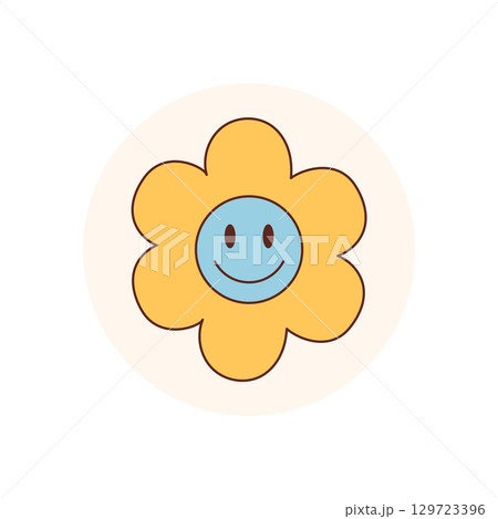 Flat retro groovy flower sticker with cute yellow petal, blue smiley and happy badge in a y2k circle. Cheerful lid element as positive package seal, playful style for modern product and label use. 129723396