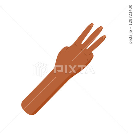 Flat style cartoon hand gesture with bare dark brown skin and three raised fingers. Palm pose indicates number three in simple style. Isolated on white, elementary concept or math learning tool. Flat style cartoon hand gesture with bare dark brown skin and three raised fingers. Palm pose indicates number three in simple style. Isolated on white, elementary concept or math learning tool. 129723430