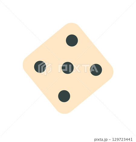 Flat dice cube with five black dots. Geometric die for table games and boardgame fun. Playful piece and toy, simple concept, graphic style, ideal for leisure entertainment activities. 129723441