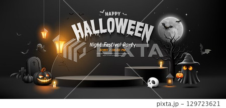 Happy Halloween black podium, Night lamp, Ghost and Spooky trees and glowing pumpkins 129723621